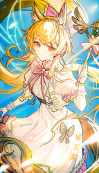  1girl absurdres animal_ears arknights blemishine_(arknights) blemishine_(kindness_and_strength)_(arknights) blonde_hair blue_background bow bug butterfly chinese_commentary commentary_request cowboy_shot dress energy feitong27 floating_hair gloves hand_up highres holding holding_wand horse_ears horse_girl long_hair looking_at_viewer magical_girl my_little_pony my_little_pony:_friendship_is_magic neck_ribbon official_alternate_costume pink_bow pink_ribbon ponytail ribbon shirt smile standing wand white_dress white_gloves white_shirt yellow_butterfly yellow_eyes 
