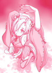  1girl arms_up breasts commentary_request detached_sleeves fingernails hair_over_one_eye highres horns idolmaster idolmaster_cinderella_girls japanese_clothes kimono kneeling looking_at_viewer monochrome oni red_theme sakaki_imasato sharp_fingernails shirasaka_koume short_hair short_kimono skin-covered_horns small_breasts solo 