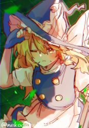  1girl apron blonde_hair blue_gloves blue_hat blue_skirt blue_vest blush bow braid closed_mouth commentary falling_leaves fingerless_gloves frilled_skirt frills gloves hair_bow hat hat_bow kirisame_marisa leaf long_hair nekodaisuki3737 one_eye_closed puffy_short_sleeves puffy_sleeves short_sleeves side_braid single_braid skirt solo sweatdrop touhou twitter_username vest waist_apron white_apron white_bow witch_hat yellow_eyes 