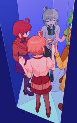  1girl blush_stickers bow candy food green_hair grey_hair highres humanization kanafumi_(spindle) kirby kirby_&amp;_the_amazing_mirror kirby_(series) lollipop looking_at_viewer multiple_piercings open_mouth pink_hair shirt shoes short_hair skirt smile 
