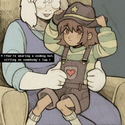  1girl 1other aged_down brown_hair chair child closed_mouth cowboy_hat deltarune dress furry furry_female hat highres jewelry kris_(deltarune) mother_and_child overall_shorts overalls parent_and_child ring sitting sitting_on_lap sitting_on_person smile szivarvanyturmix02 toriel utdr_(toby_fox) wedding_ring 