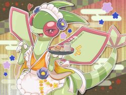  apron character-themed_food claws cup egasumi fangs flygon heart highres holding holding_tray japanese_clothes maid maid_headdress nostrils open_mouth pokemon pokemon_(creature) red_eyes runachikku solo sparkle trapinch tray wa_maid white_apron yunomi 