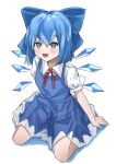  1girl :d bangs blue_bow blue_dress blue_eyes blue_hair bow cirno dress full_body hair_bow highres ice ice_wings looking_at_viewer open_mouth pinafore_dress ramiki seiza shirt short_hair simple_background sitting smile solo touhou white_background white_shirt wings 