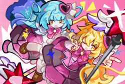  2girls :d absurdres armband artist_name blonde_hair blue_hair blush bow bowtie brown_shoes commentary deformed don_quixote_(project_moon) dress dutch_angle e.g.o_(project_moon) frilled_skirt frills hair_between_eyes hair_ornament halftone halftone_background happy heart heart_hair_ornament highres in_the_name_of_love_and_hate_(e.g.o) knees_together_feet_apart light_blush limbus_company long_sleeves looking_at_viewer mage_staff magical_girl matching_hairstyle matching_outfits multiple_girls one_eye_closed open_mouth pantyhose parsley_q pink_background pink_bow pink_bowtie pink_dress pink_shoes project_moon queen_of_hatred shoes sidelocks sideways_glance skirt smile sparkle staff star_(symbol) star_in_eye symbol_in_eye twintails untranslatable_commentary v white_pantyhose yellow_armband yellow_eyes 