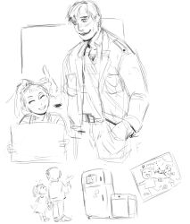  1girl 2021 absurdres child child's_drawing closed_eyes commentary father_and_child father_and_daughter highres jacket james_sunderland laura_(silent_hill) monochrome ninelhepx overalls parent_and_child ponytail refrigerator silent_hill_(series) silent_hill_2 sketch smile stove 