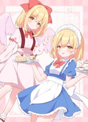 2girls angel_wings back_bow blonde_hair blush border bow bowtie cake cake_slice closed_mouth commentary_request cup dress feathered_wings food frilled_dress frills gengetsu_(touhou) hair_bow holding holding_tray long_sleeves looking_at_viewer maid maid_headdress medium_hair mugetsu_(touhou) multiple_girls open_mouth pink_border pink_dress pink_wings pudding puffy_short_sleeves puffy_sleeves red_bow red_bowtie short_sleeves siblings sisters smile socks strawberry_shortcake tea teacup teapot touhou touhou_(pc-98) tray watermark white_bow white_socks wings yellow_eyes yurufuwa_milk 