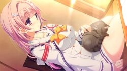  1girl 1other animal_on_lap bow bowtie buttons cape cat cat_on_lap collarbone da_capo da_capo_iv double-breasted dutch_angle evening game_asset hair_bow hair_ornament highres indoors kisaragi_yuu_(kisaragiyu) lapels long_hair long_sleeves looking_at_another miniskirt mishima_miu non-web_source official_art on_lap pink_hair pleated_skirt sailor_collar school_uniform serafuku shirt sitting skirt sleeve_cuffs striped_clothes violet_eyes white_cape white_sailor_collar white_shirt white_skirt yellow_bow yellow_bowtie 