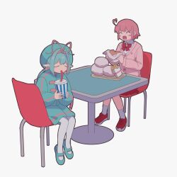  2girls animification blue_eyes blue_hair blush_stickers closed_mouth commentary_request dress elfilin food french_fries highres humanization kanafumi_(spindle) kirby kirby_(series) kirby_and_the_forgotten_land long_sleeves looking_at_viewer multiple_girls open_mouth pink_hair simple_background smile 