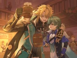  5boys absurdres arm_around_shoulder armor black_gloves black_shirt blonde_hair breastplate brown_hair charles_(genshin_impact) closed_eyes coat cocktail_shaker commentary_request cup diluc_(genshin_impact) earrings facial_hair foam fur-trimmed_coat fur_trim genshin_impact gloves green_coat green_hair hair_between_eyes highres holding holding_cocktail_shaker holding_cup in-universe_location indoors jewelry lohen_(genshin_impact) long_hair looking_at_another male_focus mug multiple_boys mustache open_mouth ponytail red_hair scar scar_on_face shirt single_earring tankard tavern upper_body ushijiya varka_(genshin_impact) 