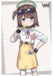  1girl absurdres artist_name bandaid bandaid_on_leg black_gloves blue_archive blue_eyes blush border brown_hair closed_mouth collared_shirt dated dress_shirt eating eyewear_on_head fingerless_gloves food food_in_mouth gloves green_halo hair_bobbles hair_ornament halo hand_on_own_hip hand_up highres holding holding_food holding_popsicle leonat long_sleeves looking_to_the_side neck_ribbon one_side_up paper_background pinky_out popsicle red_ribbon ribbon shirt signature skirt solo standing sunglasses suspender_skirt suspenders suspenders_slip white_shirt yellow_skirt youko_(blue_archive) 