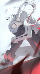  1girl absurdres arlecchino_(genshin_impact) black_eyes black_hair black_streaks commentary_request crimson_moon's_semblance_(genshin_impact) folded genshin_impact hands_on_own_legs highres joykoygo leaning_forward long_hair long_sleeves looking_at_viewer multicolored_hair red_pupils sitting solo streaked_hair symbol-shaped_pupils white_hair x-shaped_pupils 