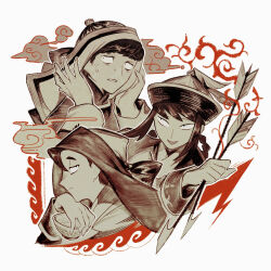  arrow_(projectile) batu_(tenmaku_no_jaadugar) black_hair bowl braid braided_hair_rings clouds commentary_request constricted_pupils guyuk_(tenmaku_no_jaadugar) hair_rings hands_up hat hat_feather head_on_hand highres holding holding_arrow holding_bowl keisodo long_sleeves looking_to_the_side mongke_(tenmaku_no_jaadugar) profile qingdai_guanmao sweat tenmaku_no_jaadugar 