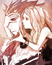  1boy 1girl age_difference ascot beard behind_another black_dress blonde_hair blue_eyes bracelet chieda_(mmnmymns2up) chinstrap_beard coat commentary_request couple dress facial_hair fur-trimmed_coat fur_trim hair_slicked_back hand_on_another's_chin hand_on_another's_face hand_on_another's_forehead heads_together jewelry leaning_on_person long_sideburns lysandre_(pokemon) mature_male muted_colors pokemon pokemon_x_and_y red_ascot red_hair sepia serena_(pokemon) sideburns upper_body wavy_hair 
