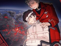  2boys amuro_ray bandages blonde_hair blue_eyes brown_hair char's_counterattack char_aznable commentary_request earth_(planet) epaulettes fire fushimi0gen gundam hand_on_another's_cheek hand_on_another's_face highres holding injury long_sleeves military_uniform multiple_boys open_mouth planet science_fiction short_hair smile straitjacket wheelchair yandere zeon 
