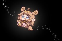  1girl :3 :d ahoge black_background blue_eyes blush_stickers bow bow_hairband butter_(trickcal) chibi chibi_only commentary_request ear_bow full_body hairband multicolored_eyes open_mouth outstretched_arms peso_(pesomeren) pink_shoes shoes simple_background smile solo spread_arms star_(symbol) striped_clothes striped_thighhighs thigh-highs trickcal two-tone_eyes violet_eyes yellow_bow yellow_hairband 