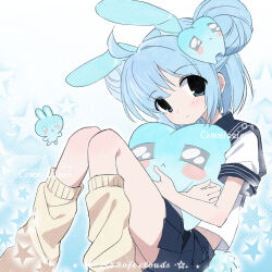  1girl 2000s_(style) ahoge animal_ears blue_eyes blue_hair blue_sailor_collar blue_skirt blush character_request chunshanchuang closed_mouth commission copyright_request double_bun familiar feet_out_of_frame hair_bun hair_ornament highres holding holding_stuffed_toy hugging_object leg_warmers looking_at_viewer mihuashi_commission miniskirt pleated_skirt rabbit_ears rabbit_girl sailor_collar school_uniform serafuku shirt short_hair short_sleeves single_hair_intake sitting skirt solo star_(symbol) stuffed_toy watermark white_shirt yellow_leg_warmers 