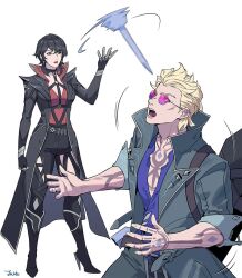  1boy 1girl black_hair blonde_hair blue_eyes blue_shirt byuub coat collar commentary cross cross_earrings demoncursed_vayne earrings gloves jewelry league_of_legends locke_(league_of_legends) nail_(hardware) purple-tinted_eyewear red_eyes red_shirt round_eyewear shirt signature simple_background tattoo tinted_eyewear vayne_(league) wolf_cut 