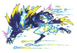  animal_hands animal_nose black_fur blue_eyes blue_fur body_fur cat cat_paws claws commentary dashing electricity electrokinesis energy fangs furry glowing horns lightning mega_pokemon mega_zeraora multicolored_fur multiple_tails nekomata other_focus pawpads pokemon pokemon_(creature) pokemon_focus railroadlion sharp_teeth sharp_toenails single_horn slit_pupils solo spikes spiky_hair tail teeth toenails two-tone_fur two_tails yellow_trim zeraora 