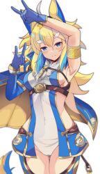  1girl absurdres ahoge animal_ears armpits belt blonde_hair blue_eyes blue_gloves blue_hair blue_thighhighs breasts chest_belt commentary_request ferule fox_shadow_puppet gloves hand_up highleg highres koshian_(taiyaki) messy_hair multicolored_hair puzzle_&amp;_dragons sideboob solo standing thick_eyebrows thigh-highs two-tone_hair white_background 