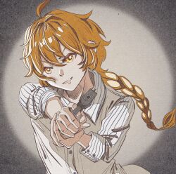  1boy absurdres aether_(genshin_impact) ahoge aiming aiming_at_viewer alternate_costume black_background blonde_hair braid buttons chinese_commentary collared_shirt commentary_request dress_shirt film_grain genshin_impact gun hair_between_eyes handgun happy highres holding holding_gun holding_weapon long_hair long_sleeves looking_at_viewer male_focus peigen_bacon shadow shirt single_braid sleeve_cuffs solo upper_body v-shaped_eyebrows vertical-striped_sleeves very_long_hair vignetting weapon white_shirt yellow_eyes 
