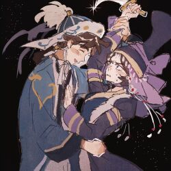  1boy 1girl black_hair blue_robe chinstrap closed_eyes commentary_request dagger fur-trimmed_headwear fur-trimmed_robe fur_trim glint hand_on_another's_arm hand_on_another's_waist hat_feather highres holding holding_dagger holding_knife holding_weapon jewelry knife light_blush mongolian_clothes night ogedei_(tenmaku_no_jaadugar) purple_robe pushing_away reverse_grip robe saftyload7 smile sweat tenmaku_no_jaadugar toregene_(tenmaku_no_jaadugar) weapon 