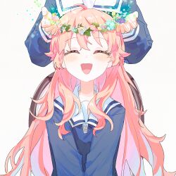  2girls :d ^_^ absurdres ahoge behind_another blue_flower blue_shirt blush chair closed_eyes commentary_request facing_viewer flower head_wreath highres kagari_mimi kimi_ga_shinu_made_koi_wo_shitai light_particles long_hair long_sleeves multiple_girls on_chair open_mouth pink_flower pink_hair purple_flower raised_eyebrows sailor_collar school_uniform shirt simple_background sitting smile totsuki_shiina upper_body white_background white_flower white_sailor_collar ydpfa yellow_flower 