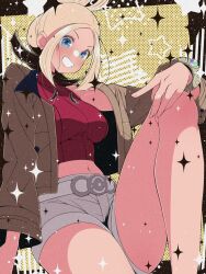  1girl blonde_hair blue_eyes breasts brown_jacket commentary_request fujiwara_hiro_(kaede_ciao) gradient_hair hair_bun highres jacket long_sleeves looking_at_viewer midriff multicolored_hair navel open_clothes open_jacket open_mouth pokemon pokemon_legends:_z-a red_shirt ribbed_shirt shirt shorts smile taunie_(pokemon) teeth turtleneck white_shorts 