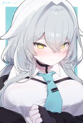  1girl absurdres akikan_sabako aqua_background aqua_necktie black_choker black_gloves black_jacket blue_background blue_necktie blush border breasts bright_pupils chest_harness choker clenched_hand closed_mouth collared_shirt commentary_request crossed_bangs double-parted_bangs fingerless_gloves flying_sweatdrops gloves grey_hair hair_between_eyes hair_flaps hair_intakes halo harness highres jacket large_breasts long_bangs long_hair long_sleeves looking_at_viewer loose_necktie necktie off_shoulder rurune_(vrchat) shirt sidelocks simple_background solo sweat sweatdrop twintails twitter_username two-tone_background upper_body vrchat white_background white_border white_hair white_shirt yellow_eyes 