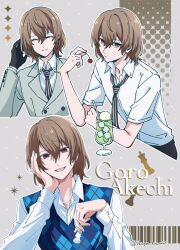  1boy akechi_goro black_gloves blue_sweater_vest brown_hair character_name cherry chess_piece closed_eyes closed_mouth commentary_request cup drinking_straw elbow_rest food fruit gloves grey_jacket hair_between_eyes head_rest highres holding holding_chess_piece holding_food holding_fruit ikuya_kawaii jacket long_sleeves looking_at_viewer loose_necktie male_focus medium_hair multiple_views necktie open_mouth persona persona_5 red_eyes shirt short_sleeves smile sparkle suit_jacket sweater_vest twitter_username upper_body white_shirt wing_collar 