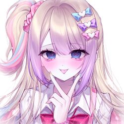  1girl :p aegyo_sal blonde_hair blue_bow blue_eyes blue_hair blue_nails blush bow bowtie bracelet chouzetsusaikawa_tenshi-chan collared_shirt commission ear_piercing eyelashes eyeshadow gyaru hair_bow hair_ornament hair_scrunchie heart heart-shaped_pupils heart_hair_ornament highres inward_v jewelry kogal long_hair looking_at_viewer makeup mihuashi_commission multicolored_hair multicolored_nails nail_polish neckerchief needy_girl_overdose one_side_up piercing pink_bow pink_bowtie pink_eyeshadow pink_hair pink_nails pink_scrunchie portrait purple_bow qi_de_sanci_fang red_bow red_bowtie scrunchie shirt simple_background smile solo symbol-shaped_pupils tongue tongue_out upper_body v v_over_mouth variant_set white_background white_shirt yellow_nails yellow_neckerchief 