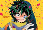 2boys bakugou_katsuki bangs birthday blurry blurry_foreground blush boku_no_hero_academia cape character_name confetti crying crying_with_eyes_open english_text floral_background flower freckles gloves green_eyes green_gloves hair_between_eyes hand_on_another&#039;s_hand happy happy_birthday happy_tears highres lower_teeth male_focus mask mask_on_head mask_removed meteorabbit_(shion69) midoriya_izuku multiple_boys one_eye_closed orange_gloves out_of_frame pov short_hair smile solo_focus spoilers sticker sunflower tears teeth timestamp torn_cape torn_clothes twitter_username two-tone_gloves white_gloves yellow_cape 
