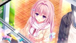  1boy 1girl black_hair black_jacket bow cardigan collared_shirt crane_game da_capo da_capo_iv down_jacket dutch_angle faceless faceless_male from_above game_asset hair_bow hair_ornament highres indoors jacket kisaragi_yuu_(kisaragiyu) long_hair long_sleeves mishima_miu non-web_source official_art open_cardigan open_clothes open_jacket open_mouth pink_hair shirt side-by-side standing tokisaka_ichito v-neck violet_eyes 