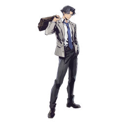  1boy absurdres angeal_hewley angeal_hewley_(shinra_private_academy) aqua_eyes bag black_hair black_pants blue_necktie brown_bag closed_mouth collared_shirt final_fantasy final_fantasy_vii final_fantasy_vii:_ever_crisis fujise_lisa full_body grey_jacket hand_in_pocket highres holding holding_bag jacket light_smile looking_at_viewer male_focus necktie official_alternate_costume official_art pants parted_bangs school_uniform shirt short_hair solo square_enix standing suit_jacket white_background white_shirt 