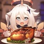 +_+ 1girl :3 :d absurdres bangs blurry blurry_background blush chicken_(food) drooling facing_viewer flower food fork fruit genshin_impact hair_flaps hair_ornament halo high_collar highres holding holding_fork holding_knife hungry indoors knife kurodae lemon mechanical_halo open_mouth paimon_(genshin_impact) plate sauce smile solo star_(symbol) star_hair_ornament sweet_madame_(genshin_impact) violet_eyes white_hair 