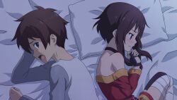  1boy 1girl bandaged_leg bandages bed_sheet belt black_choker black_gloves blush brown_belt brown_hair brown_thighhighs choker clenched_hand closed_mouth dress fingerless_gloves game_asset gloves green_eyes grey_shirt hand_on_own_head highres kono_subarashii_sekai_ni_shukufuku_wo! kono_subarashii_sekai_ni_shukufuku_wo!_kono_yokubukai_game_ni_shinpan_o! long_sleeves looking_at_another looking_down lying megumin multicolored_skirt night non-web_source off-shoulder_dress off_shoulder official_art on_bed on_side open_mouth own_hands_together pillow raised_inner_eyebrows red_dress red_eyes satou_kazuma self-datamine shirt short_hair short_hair_with_long_locks single_thighhigh skirt thigh-highs upper_body white_shirt 