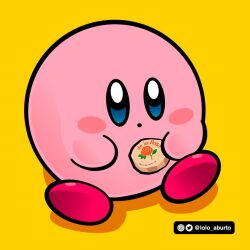  blush_stickers colored_skin highres kirby kirby's_dream_buffet kirby_(series) lolo_aburto marzipan no_humans pink_skin simple_background sitting solo yellow_background 