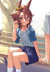  1boy 1girl :/ adjusting_hair animal_ears artistic_error averting_eyes bench blue_eyes blue_shirt blue_shorts blush brown_hair casual commentary_request dappled_sunlight dating drawstring ear_ornament facing_another hair_between_eyes hand_on_another's_hand hetero highres horse_ears horse_girl kneehighs leaning_forward looking_at_viewer missing_tail narita_taishin_(umamusume) outdoors park_bench parted_bangs raglan_sleeves shirt shirt_tucked_in short_hair shorts shy sitting socks solo_focus solokitsune sunlight sweat sweatdrop t-shirt tree umamusume watch watch white_shirt 
