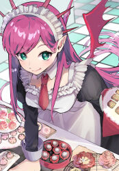  1girl :q apron aqua_eyes black_dress blush box box_of_chocolates chocolate commentary_request demon_girl demon_wings dress eyelashes hand_on_table highres long_hair long_sleeves looking_at_viewer maid maid_headdress nagamine_ao necktie original pink_hair pointy_ears red_necktie red_wings smile tile_floor tiles tongue tongue_out white_apron white_headdress wings 