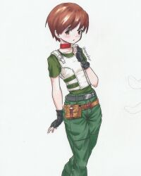  1girl absurdres azurdraws belt belt_pouch black_gloves blush brown_belt brown_eyes brown_hair choker commentary cowboy_shot eyelashes fingerless_gloves gloves green_pants green_shirt grey_belt highres multiple_belts open_mouth pants pouch rebecca_chambers red_choker resident_evil shirt short_hair short_sleeves simple_background solo standing traditional_media twitter_username vest white_background white_vest 