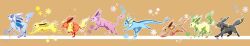  absurdres brown_background brown_fur cetacean_tail commentary_request eevee espeon evolutionary_line fins fish_tail flareon glaceon head_fins highres jolteon leafeon midori12fawn no_humans outline pokemon pokemon_(creature) pokemon_focus running tail umbreon vaporeon white_outline wide_image yellow_fur 