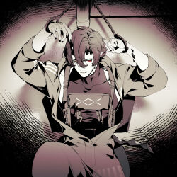  1boy arknights arms_up bishounen black_hair black_nails bound commentary_request cuffs demon_boy demon_horns demon_tail dry-er flamebringer_(arknights) handcuffs horns infection_monitor_(arknights) looking_at_viewer male_focus material_growth monochrome nail_polish oripathy_lesion_(arknights) pointy_ears prison_clothes prisoner red_eyes restrained sepia shirt short_hair sleeveless sleeveless_shirt solo tail toned toned_male 