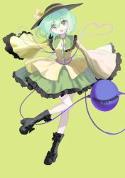  1girl absurdres black_boots black_hat boots bow buttons collared_shirt commentary diamond_button disembodied_linked_eye eyeball frilled_shirt_collar frilled_skirt frilled_sleeves frills full_body green_background green_eyes green_hair green_skirt hat hat_bow heart heart_of_string high_heel_boots high_heels highres komeiji_koishi long_sleeves looking_at_viewer medium_hair open_mouth shirt simple_background skirt sleeves_past_fingers sleeves_past_wrists smile solo song2331 touhou wide_sleeves yellow_bow yellow_shirt 