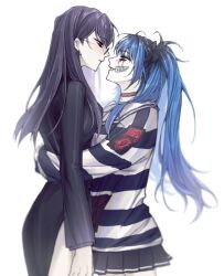  2boys amemiya_darumi black_bow black_dress black_hair black_skirt blue_hair bow choker commentary dress earrings english_commentary glasses hair_bow highres hug jewelry long_hair makeup miniskirt multicolored_hair multiple_boys parted_lips pink_eyes purple_hair red_choker red_eyes runny_makeup shirt shizuhara_hiruko skirt striped_clothes striped_shirt the_hundred_line_-last_defense_academy- twintails vvks white_background yuri 