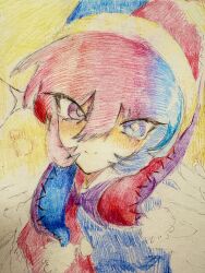  1girl blue_eyes blue_hair blush close-up colored_pencil_(medium) commentary_request crosshatching hair_between_eyes hair_over_face hair_over_one_eye hatching_(texture) heterochromia highres hood hood_up hoodie light_blush looking_at_viewer multicolored_hair original pale_skin pink_hair pizzasan portrait puffy_sleeves red_hair scarf simple_background sketch solo split-color_hair striped_clothes striped_scarf traditional_media violet_eyes winter_clothes yellow_background 