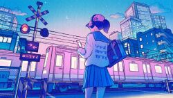  1girl backpack bag baseball_cap blue_sailor_collar blue_skirt blue_sky building city clouds commentary crescent_moon english_commentary facing_away from_behind hat headphones holding holding_phone long_sleeves moon original outdoors phone pleated_skirt ponytail power_lines railroad_crossing railroad_tracks road_sign sailor_collar scenery school_bag school_uniform serafuku shirt sign skirt sky slice_of_life solo standing star_(sky) sunset train wacca005 white_shirt 