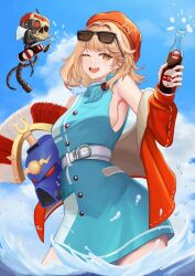  1girl :d ;d absurdres adeptus_astartes apple apple_(reverse:1999) aqua_dress aqua_neckerchief bare_shoulders beret black_bow black_bowtie blue_helmet blue_sky bottle bow bowtie breasts brown_hair clouds coke-bottle_glasses commentary cowboy_shot day dress english_commentary eyewear_on_head food fruit glasses hat helmet highres holding holding_bottle holding_unworn_helmet jacket jorgenswagger looking_at_viewer mask neckerchief off_shoulder one_eye_closed open_clothes open_jacket open_mouth orange_eyes red_hat red_jacket regulus_(reverse:1999) reverse:1999 short_dress short_hair sideboob skull_mask sky smile solo sunglasses teeth traditional_bowtie unworn_headwear unworn_helmet upper_teeth_only wading warhammer_40k water 