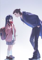  1boy 1girl ? aged_down bag black_coat black_hair black_pants brown_bag brown_hair brown_shoes cardigan coat eren_yeager from_side full_body gradient_background grey_skirt hair_between_eyes hair_bun hand_in_pocket highres holding_strap hood hood_down hooded_coat leaning_forward long_hair long_sleeves looking_at_another mikasa_ackerman open_cardigan open_clothes pants pink_cardigan pleated_skirt profile red_scarf scarf school_bag shingeki_no_kyojin shirt shoes skirt socks spoken_question_mark standing twitter_username white_shirt white_socks yun_(dl2n5c7kbh8ihcx) 