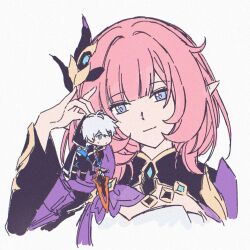  1boy 1girl black_coat black_shrug blue_eyes breasts coat cropped_shoulders elf elysia_(honkai_impact) elysia_(miss_pink_elf)_(honkai_impact) hair_intakes highres holding holding_chibi holding_sword holding_weapon honkai_(series) honkai_impact_3rd kevin_kaslana large_breasts long_hair looking_at_another pink_hair pointy_ears shrug_(clothing) simple_background smile star_(zhongyan88528) sword weapon white_background white_hair 