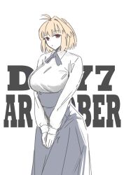  1girl :o antenna_hair arcueid_brunestud artoria_pendragon_(fate) blonde_hair breasts collared_shirt cosplay cowboy_shot fate_(series) high-waist_skirt highres holding_own_hand jonyeld large_breasts long_sleeves looking_at_viewer neck_ribbon red_eyes ribbon saber_(fate) saber_(fate)_(cosplay) shirt short_hair simple_background single_hair_intake skirt solo tsukihime white_background white_shirt 