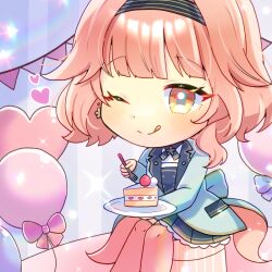  1girl :q ;q balloon black_hairband black_skirt black_vest blush cake cake_slice chibi closed_mouth commentary_request food fork fruit grey_jacket hair_flaps hairband heart_balloon hibiki_koto holding holding_fork holding_plate jacket kou_hiyoyo one_eye_closed open_clothes open_jacket orange_eyes pennant pink_hair pink_thighhighs plate pleated_skirt shirt sitting skirt smile solo strawberry string_of_flags striped_clothes striped_hairband thigh-highs tongue tongue_out vest vocaloid white_shirt 